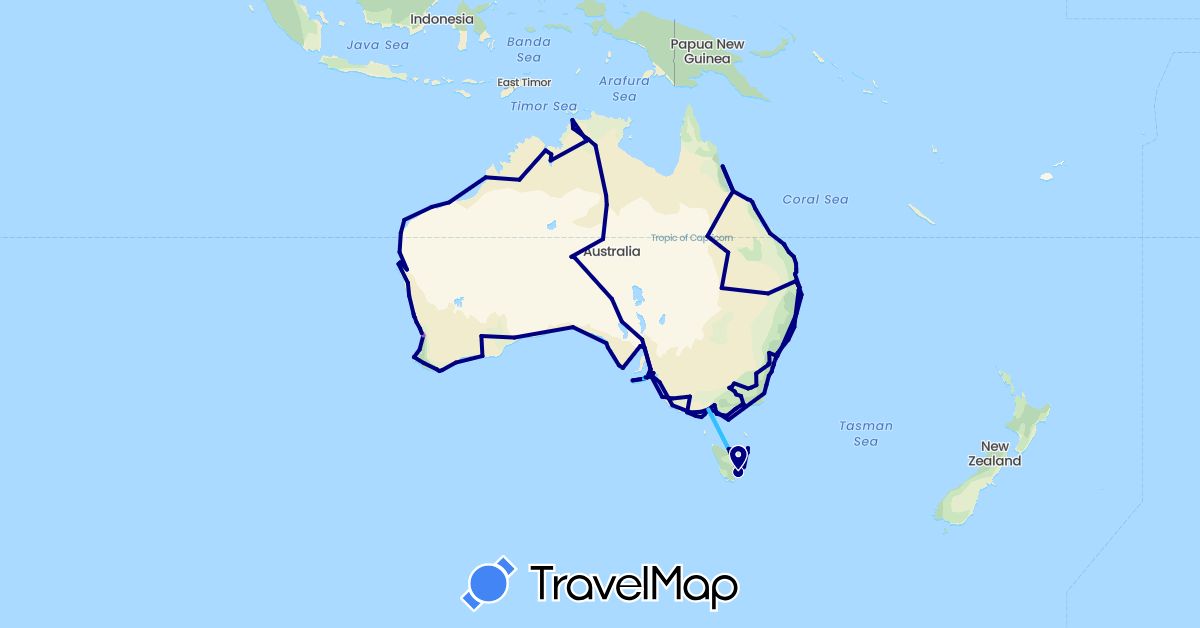 TravelMap itinerary: driving, train, boat in Australia (Oceania)